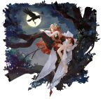  1girl bare_arms bare_legs bird black_cat bow branch brown_dress bug cat closed_mouth crow dress druvis_iii firefly full_body full_moon green_eyes head_wreath highres leaf leaning_forward long_hair moon official_art orange_hair reverse:1999 rope sitting_on_branch solo third-party_source very_long_hair white_bow 