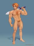  1boy abs aged_up alternate_body_hair alternate_muscle_size bara blonde_hair blue_eyes chest_hair circumcision_scar completely_nude elf flaccid frown full_body highres holding holding_sword holding_weapon huge_penis large_pectorals link looking_to_the_side male_focus male_pubic_hair muscular muscular_male navel navel_hair nipples nude orange_hair over_shoulder pectorals penis pointy_ears pubic_hair schlonganiza short_hair solo standing stomach sword sword_over_shoulder the_legend_of_zelda thighs weapon weapon_over_shoulder 