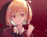  1girl absurdres blonde_hair blue_ribbon bob_cut closed_mouth collared_shirt dress hair_ribbon highres looking_to_the_side lycoris_recoil lycoris_uniform neck_ribbon nishikigi_chisato qingtian_bu_xi_huai_hai_zhi red_background red_dress red_eyes red_ribbon ribbon shirt short_hair smug solo string string_around_finger string_of_fate white_shirt 