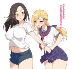  2girls absurdres black_hair blonde_hair blue_sailor_collar blue_shorts blue_skirt blush breasts bulge collarbone commentary_request commission cowboy_shot crop_top cutoffs denim denim_shorts ear_piercing earrings erection erection_under_clothes fujimoto_rina futanari genmon green_eyes grey_eyes hand_on_another&#039;s_arm highres idolmaster idolmaster_cinderella_girls jewelry large_breasts leaning_forward long_hair looking_at_another looking_away looking_to_the_side midriff miniskirt motion_lines mukai_takumi multicolored_hair multiple_girls navel neckerchief open_mouth parted_bangs parted_lips piercing pixiv_commission pleated_skirt pocket raised_eyebrows red_neckerchief sailor_collar school_uniform see-through serafuku shirt short_sleeves shorts simple_background skirt standing stomach streaked_hair sweatdrop swept_bangs translation_request two-tone_hair white_background white_shirt 