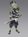  1boy arm_belt arm_tattoo belt black_belt black_gloves black_mask black_pants citemer concept_art english_commentary fingerless_gloves full_body gloves gradient_hair green_eyes grey_background grey_hair hair_over_one_eye highres inkshadow_yasuo league_of_legends long_hair looking_at_viewer male_focus mask mouth_mask multicolored_hair muscular muscular_male pants ponytail simple_background sleeveless solo standing sword tattoo weapon yasuo_(league_of_legends) 