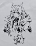  1girl :o absurdres animal animal_ear_fluff animal_ears arknights ashi_(dongshi389) cat cat_ears chibi commentary_request dress grey_background greyscale hair_between_eyes highres holding holding_animal hood hood_down hooded_jacket jacket jitome long_hair looking_at_viewer monochrome multiple_views neck_ribbon open_clothes open_jacket parted_lips photo_(medium) ribbon rosmontis_(arknights) simple_background traditional_media 