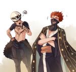  2boys abs black_clover black_hair chest_tattoo cosplay costume_switch earrings facial_hair feet_out_of_frame finger_tattoo goatee hand_tattoo jaguar_print jewelry laughing long_sideburns loyaldis male_focus multiple_boys one_piece short_hair shrug_(clothing) sideburns tattoo toned toned_male trafalgar_law zora_ideale 