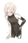  1girl bare_shoulders black_dress black_gloves closed_mouth dress elbow_gloves gloves grey_eyes grey_hair hair_between_eyes looking_away looking_down lpip original parted_bangs simple_background single_glove sketch sleeveless sleeveless_dress solo white_background 