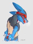  ambiguous_gender anthro ball_gag black_markings blindfold blue_body bodily_fluids bondage_gear bound collar cuff_(restraint) dated discocci gag gagged generation_4_pokemon hands_behind_back lucario markings nintendo number pokemon pokemon_(species) rear_view red_ball_gag red_blindfold red_collar restraints saliva simple_background solo spikes spikes_(anatomy) tan_body text white_background 