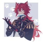  1boy adjusting_clothes adjusting_gloves animal_ears black_coat black_gloves black_necktie black_shirt cat_boy cat_ears coat diluc_(genshin_impact) fish genshin_impact gloves gold_trim highres kemonomimi_mode male_focus mao_(expuella) mouth_hold necktie paw_print paw_print_background red_eyes red_gloves red_hair shirt short_necktie solo tassel two-tone_background two-tone_gloves upper_body vest white_vest 