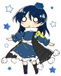  1girl :&gt; armor arms_up blue_dress blue_hair blush chibi dark_blue_hair dress flat_chest full_body hat iizunamaru_megumu kazeha_(starrysky) long_hair o_o pauldrons petticoat pointy_ears pom_pom_(clothes) shoulder_armor simple_background single_pauldron solo standing star_(symbol) starry_background tokin_hat touhou turtleneck waistcoat white_background 