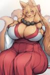  anthro asian_clothing big_breasts blonde_hair blue_eyes blush breasts canid canine clothed clothing east_asian_clothing female fully_clothed fur hair hi_res looking_at_viewer mammal multi_tail open_mouth solo suurin_2 tail yellow_body yellow_fur 