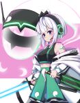  1girl absurdres adapted_costume arm_tattoo black_hairband blue_eyes bmkro closed_mouth crop_top energy_sword ghost ghost_print green_skirt grey_hair hairband headphones headset highres holding_lightsaber konpaku_youmu konpaku_youmu_(ghost) konpaku_youmu_(lunar_war_gardener) lightsaber looking_at_viewer short_hair signature skirt solo sword tattoo touhou touhou_lost_word v-shaped_eyebrows weapon 