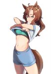  1girl absurdres ahoge animal_ears aqua_bra aqua_eyes blue_shorts blush bra breasts brown_hair cleavage clothes_lift commentary_request cowboy_shot ear_ornament grin highres horse_ears horse_girl horse_tail lifted_by_self long_hair looking_at_viewer mejiro_palmer_(umamusume) midriff multicolored_hair navel ponytail shirt shirt_lift short_sleeves shorts simple_background smile sports_bra streaked_hair tail umamusume underwear white_background white_hair white_shirt yuuge_ningen 