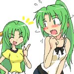  2girls blush closed_eyes cosplay costume_switch green_hair hair_ribbon high_ponytail higurashi_no_naku_koro_ni looking_back lowres multiple_girls open_mouth pixel_art ribbon smile sonozaki_mion sonozaki_shion yuuki_(07hokan) 