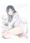  1girl absurdres bed_sheet black_hair blue_eyes hayase_illusut highres long_hair long_sleeves looking_at_viewer lying messy_hair on_side one_eye_closed open_mouth pajamas pillow shorts solo thighs white_pajamas white_shorts yahari_ore_no_seishun_lovecome_wa_machigatteiru. yukinoshita_yukino 