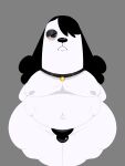  anthro belly big_butt black_clothing black_collar black_eyes black_hair black_thong black_underwear bulge butt canid canine canis clothing collar d0ncassidy domestic_dog front_view frown fur grey_background hair hair_over_eye half-closed_eyes hands_behind_back hi_res long_hair male mammal narrowed_eyes navel one_eye_obstructed overweight overweight_anthro overweight_male pink_sclera simple_background solo standing thick_thighs thong underwear white_body white_fur 