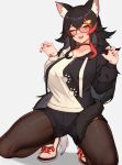  1girl ;d animal_ear_fluff animal_ears black_choker black_hair black_pantyhose black_shorts breasts choker claw_pose glasses hair_ornament hairclip highres hololive large_breasts long_hair long_sleeves looking_at_viewer multicolored_hair one_eye_closed ookami_mio ookami_mio_(3rd_costume) pantyhose puffy_long_sleeves puffy_sleeves red_hair red_nails shoes short_shorts shorts simple_background smile solo squatting streaked_hair tail two-tone_hoodie varniskarnis very_long_hair virtual_youtuber white_background white_footwear wolf_ears wolf_tail 