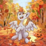  1:1 aanotherpony autumn blonde_hair blonde_mane derp_eyes derpy_hooves_(mlp) digital_media_(artwork) equid equine eyelashes feathered_wings feathers female feral food friendship_is_magic fruit fur grey_body grey_feathers grey_fur hair hasbro hi_res jack-o&#039;-lantern leaf looking_up mammal mane my_little_pony outside pegasus plant pumpkin signature smile tail teeth tongue tree wings yellow_eyes yellow_tail 