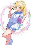  blonde_hair blunt_bangs clenched_hands green_eyes highres knee_up lillie_(pokemon) long_hair looking_at_viewer masamu_(leonore69) open_mouth paint_splatter pink_bag pleated_skirt pokemon pokemon_(game) pokemon_sm ponytail shirt skirt teeth upper_teeth_only white_footwear white_shirt white_skirt 