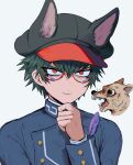  1boy angry animal_ears animal_hat black_headwear blue_jacket cabbie_hat chihuahua closed_mouth commentary_request dog facial_mark fake_animal_ears feathers g_tsurius glasses green_hair grey_background hair_between_eyes hand_on_own_chin hand_up hat highres jacket long_sleeves looking_at_viewer male_focus master_detective_archives:_rain_code open_mouth red-framed_eyewear red_eyes short_hair simple_background smile solo upper_body zilch_alexander 