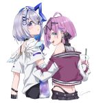  2girls absurdres ahoge amane_kanata amane_kanata_(6th_costume) angel_wings arm_hug arm_warmers bare_shoulders black_choker black_ribbon black_shorts blue_hair blue_wings blush braid choker colored_inner_hair commentary cropped_legs crossed_bangs cup disposable_cup double-parted_bangs drinking_straw eyewear_on_head feathered_wings french_braid from_behind glasses gradient_wings green_eyes grey_hair hair_between_eyes hair_intakes hair_ornament hair_ribbon hairclip halo hands_up heart heart-shaped_eyewear heterochromia highres himemori_luna himemori_luna_(5th_costume) holding holding_cup hololive jacket letterman_jacket long_sleeves looking_at_viewer looking_back medium_hair midriff mini_wings multicolored_hair multicolored_wings multiple_girls off_shoulder official_alternate_costume official_alternate_hair_length official_alternate_hairstyle open_mouth parted_lips pink_hair purple_eyes red_jacket ribbon shirt short_hair short_sleeves shorts signature simple_background single_arm_warmer smile star_halo streaked_hair t-shirt teeth upper_teeth_only virtual_youtuber white_background white_shirt white_wings wings x_hair_ornament yo_na 