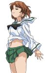  1girl 9s0ykoyama117 closed_eyes floating_clothes girls_und_panzer green_skirt long_sleeves medium_hair miniskirt navel nishizumi_miho orange_hair school_uniform skirt solo uniform white_background 