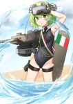  1girl absurdres black_gloves clenched_hand collared_one-piece_swimsuit daebom gloves goggles goggles_on_head green_eyes green_hair hair_between_eyes highres humanization italian_flag looking_at_viewer military military_vehicle motor_vehicle necktie one-piece_swimsuit open_mouth original outdoors partially_submerged solo standing swimsuit tank tank_turret thigh_strap water 