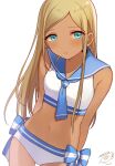  1girl :o alternate_costume aqua_eyes ascot blonde_hair blue_ascot blue_sailor_collar blush breasts dark-skinned_female dark_skin highres idolmaster idolmaster_cinderella_girls layla_(idolmaster) long_hair looking_at_viewer mmmakaron888 parted_bangs sailor_bikini sailor_collar sailor_swimsuit_(idolmaster) signature simple_background small_breasts solo stomach straight_hair thighhighs very_long_hair white_background 