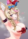  1girl absurdres ahoge animal_ear_fluff animal_ears arm_support armlet armpits bare_shoulders blonde_hair blue_bow blush bow braid breasts covering covering_breasts covering_nipples diamond_hair_ornament facial_mark festa11307070 fox_ears fox_girl gloves hair_between_eyes hair_bow hair_ornament hair_over_shoulder hairclip hat heart heart-shaped_pupils heart_hair_ornament heavy_breathing highres hololive jester_cap large_breasts long_hair looking_at_viewer multicolored_hair omaru_polka omaru_polka_(1st_costume) open_mouth pink_hair presenting_armpit purple_eyes side_braid single_braid smile solo spade_hair_ornament spoken_heart steaming_body streaked_hair sweat symbol-shaped_pupils tilted_headwear virtual_youtuber x_hair_ornament 