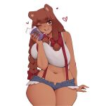  2023 5_fingers accessory anthro bear beau_(luxurias) beverage big_breasts blue_bottomwear blue_clothing blue_shorts bottomwear bow_ribbon braided_hair breasts brown_bear brown_eyes brown_hair clothed clothing cutoffs denim denim_clothing female fingers grimace_birthday_shake grizzly_bear hair hair_accessory hair_bow hair_ribbon hi_res holding_beverage holding_object huge_breasts long_hair luxurias mammal mcdonald&#039;s milkshake navel one_eye_closed open_mouth open_smile ribbons shirt shorts simple_background smile solo topwear unbuttoned unbuttoned_bottomwear unbuttoned_shorts ursine white_background white_clothing white_shirt white_topwear 