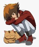  1boy bored brown_eyes brown_hair cat duel_academy_uniform_(yu-gi-oh!_gx) dyed_bangs full_body jitome knees_to_chest looking_at_animal male_focus multicolored_hair p5naq_pv pharaoh_(cat) short_hair squatting two-tone_hair yu-gi-oh! yu-gi-oh!_gx yuuki_juudai 