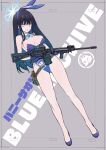  1girl absurdres animal_ears bare_shoulders black_hair blue_archive blue_eyes blue_footwear bow bowtie breasts commentary_request detached_collar dutch_angle gun highres holding holding_gun holding_weapon kojima_takeshi long_hair looking_at_viewer playboy_bunny rabbit_ears saori_(blue_archive) solo weapon 