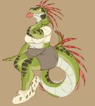  anthro biped bottomwear clothing countershade_tail countershade_torso countershading female fivel forked_tongue green_body green_scales iguanid lizard reptile scales scalie solo tail tongue tongue_out topwear 