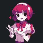  1girl 4qw5 :d android black_background black_eyes bow bowtie breasts commentary_request dorothy_haze empty_eyes hairband heart joints looking_at_viewer medium_breasts open_mouth penetration_gesture pixel_art puffy_short_sleeves puffy_sleeves red_bow red_bowtie red_hair robot_joints shirt short_hair short_sleeves simple_background smile solo upper_body va-11_hall-a white_shirt 