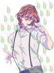  1boy brown_hair collared_shirt dress_shirt eyewear_removed food food-themed_background grey_eyes grey_pants hair_between_eyes happy_birthday head_tilt heart heart-shaped_eyewear holding holding_removed_eyewear ice_cream ice_cream_float kotobuki_reiji looking_at_viewer male_focus melon_soda meromizawa open_collar pants parted_lips shirt short_hair sleeves_rolled_up solo sunglasses suspenders suspenders_pull upper_body uta_no_prince-sama wavy_hair white_background white_shirt wispy_bangs 