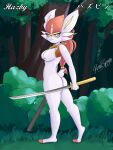  amira_o&#039;neil anthro breasts cinderace female generation_8_pokemon hair hi_res melee_weapon nintendo nipples notched_ear nude outside pink_nipples pokemon pokemon_(species) red_eyes red_hair renaspyro scut_tail short_tail solo sword tail weapon white_body 