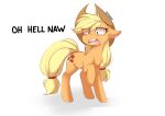  1girl applejack character_name cowboy_hat english_text hat highres long_hair looking_at_viewer my_little_pony my_little_pony:_friendship_is_magic open_mouth pony_(animal) simple_background solo teeth teranen white_background 