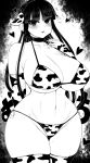  1girl animal_ears animal_print bikini blush breasts choker cleavage collarbone commentary_request cow_ears cow_print cowboy_shot curvy elbow_gloves gloves greyscale haseru_(ginku_mh) heart highres huge_breasts long_hair looking_at_viewer mole mole_on_breast mole_on_thigh mole_under_mouth monochrome navel original solo swimsuit thighhighs 