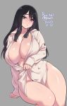 1girl :o agawa_ryou areola_slip arm_support artist_name black_eyes black_hair bottomless breasts collared_shirt commentary dated dress_shirt english_commentary furrowed_brow grey_background invisible_chair large_breasts leaning_to_the_side long_hair long_sleeves looking_at_viewer naked_shirt no_bra original parted_lips shiny_skin shirt simple_background sitting solo sweatdrop thick_thighs thighs white_shirt 