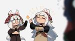  3girls :3 animal_ears blurry blurry_foreground chibi earrings fantasy flying_sweatdrops grey_background jewelry long_hair midriff mother_and_daughter multiple_girls original porforever rabbit_ears short_hair tail very_long_hair white_hair 