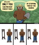  2023 anthro barefoot bear belt bottomwear clothed clothing comic denim denim_clothing dialogue english_text feet forest fur gesture guillotine happyroadkill hat headgear headwear hi_res humor jeans looking_at_viewer male mammal multiple_scenes outside pants plant pointing pointing_at_viewer political_cartoon politics shovel simple_background smokey_bear solo standing talking_to_viewer text tools topless topless_anthro topless_male tree tuft united_states_forest_service ursine white_background 