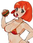  1girl belly breasts burger cleavage collarbone food hand_on_own_hip holding holding_food large_breasts looking_at_viewer mcdonald&#039;s mother_(yoru_mac) navel orange_hair porl saliva short_hair simple_background solo tongue tongue_out white_background yoru_mac 