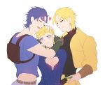  3boys 66_gousen backpack bag belt blonde_hair blue_hair blush bracelet closed_eyes closed_mouth dio_brando family father_and_son fingerless_gloves giorno_giovanna gloves heart hug jacket jewelry jojo_no_kimyou_na_bouken jonathan_joestar long_hair long_sleeves looking_at_another male_focus multiple_boys pants phantom_blood shirt short_hair simple_background smile stardust_crusaders sweatdrop vento_aureo white_background yellow_jacket 