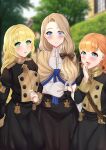  3girls :d absurdres annette_fantine_dominic black_bow black_jacket black_skirt blonde_hair blue_eyes blurry blurry_background blush bow brown_capelet capelet commentary_request fire_emblem fire_emblem:_three_houses garreg_mach_monastery_uniform green_eyes hair_bow hand_up highres ingrid_brandl_galatea jacket long_hair looking_at_viewer mercedes_von_martritz multiple_girls open_mouth orange_hair outdoors shirt short_hair skirt skirt_set smile tara_(szzj7733) very_long_hair white_shirt 