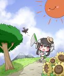  1girl :d anchor_symbol black_hair black_shorts blue_sailor_collar blue_sky blush_stickers brown_headwear butterfly_net chibi cloud cloudy_sky commentary_request day fang flower hair_between_eyes hand_net highres holding insect_cage kantai_collection komakoma_(magicaltale) mountain multicolored_hair outdoors path purple_eyes rhinoceros_beetle sailor_collar shirt shoe_soles short_eyebrows short_sleeves shorts sky smile socks solo sun_symbol sunflower thick_eyebrows tilted_headwear tokitsukaze_(kancolle) tree two-tone_hair white_hair white_shirt white_socks yellow_flower 