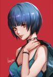  1girl absurdres artist_name black_choker blue_hair breasts brown_eyes choker dark_blue_hair dress green_dress hage2013 highres looking_at_viewer medium_breasts persona persona_5 red_background short_hair simple_background sleeveless solo takemi_tae 