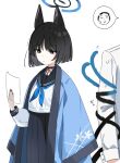  1boy 1girl animal_ears arona&#039;s_sensei_doodle_(blue_archive) black_eyes black_hair black_sailor_collar blue_archive blue_neckerchief cat_ears cat_tail closed_mouth haori highres holding holding_paper japanese_clothes kikyou_(blue_archive) long_sleeves multiple_tails neckerchief paper roton3737 sailor_collar school_uniform sensei_(blue_archive) serafuku short_hair simple_background tail two_tails white_background 