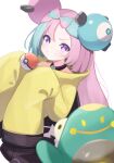  1girl absurdres bellibolt blush bright_pupils character_hair_ornament commentary_request green_hair grin hair_ornament hands_up highres iono_(pokemon) jacket long_hair multicolored_hair pink_hair poke_ball poke_ball_(basic) pokemon pokemon_(creature) pokemon_(game) pokemon_sv purple_eyes rokukarashi sleeves_past_fingers sleeves_past_wrists smile teeth two-tone_hair white_background yellow_jacket 