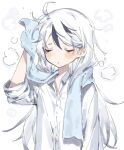  1boy after_bathing ahoge blush closed_eyes closed_mouth devy_lobotomy hair_down hand_up library_of_ruina long_hair long_sleeves multicolored_hair project_moon shirt sleeves_rolled_up solo steam streaked_hair towel upper_body very_long_hair wet wet_hair white_hair white_shirt yan_vismok 