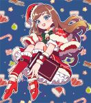  1girl bell blue_eyes book brown_hair candy candy_cane capelet castlevania castlevania:_portrait_of_ruin charlotte_aulin christmas_ornaments food green_ribbon hat holding holding_book long_hair looking_at_viewer oimo_(motu_club) red_capelet red_footwear ribbon santa_costume santa_hat sled smile 