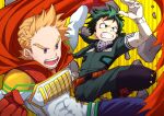  2boys akiyama_(noconoco) belt belt_pouch blonde_hair blue_eyes blue_pants boku_no_hero_academia cape clenched_hands clenched_teeth commentary_request covered_abs debris elbow_gloves freckles gloves green_eyes green_hair green_jumpsuit jumpsuit leg_up male_focus midoriya_izuku multiple_boys open_mouth orange_belt pants pouch red_cape red_gloves rock round_teeth short_hair simple_background spiked_hair teeth togata_mirio tongue v-shaped_eyebrows white_gloves yellow_background 