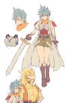  1boy 1girl ? armor belt blonde_hair blue_eyes blue_hair boots breastplate breasts breath_of_fire breath_of_fire_iii chikabane-pico cleavage closed_eyes coat furry furry_male genderswap genderswap_(ftm) headband open_clothes open_coat rei_(breath_of_fire) ryuu_(breath_of_fire_iii) scarf short_hair shorts sideways_glance smile strap talking watermark 