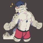  1:1 abdominal_hair abs anthro boxers_(clothing) boxers_only clothed clothing cocky cocky_smile fangs felid fluffy hi_res male mammal muscular muscular_male naaidden navel nipples pantherine pecs pose red_clothing snow_leopard solo teeth topless underwear underwear_only 
